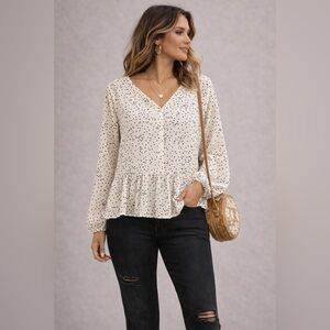 Candie’s Black and White Polka Dot Peplum V-Neck Balloon Sleeve Top ~ Size XXL